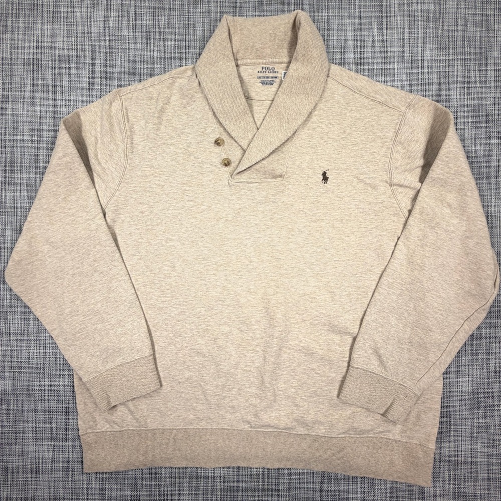 Polo Ralph Lauren Mens XXL Beige Shawl Collar Sweatshirt Cotton Blend Pony Logo